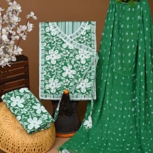 Green and white flower pattern gota pati cotton dress material