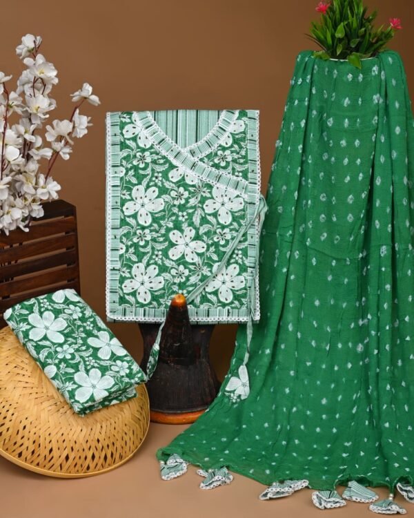 Green and white flower pattern gota pati cotton dress material