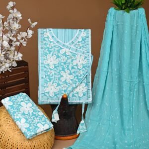 Sky and white flower pattern gota pati cotton dress material