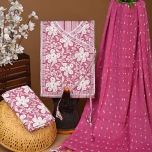 Pink and white flower pattern gota pati cotton dress material