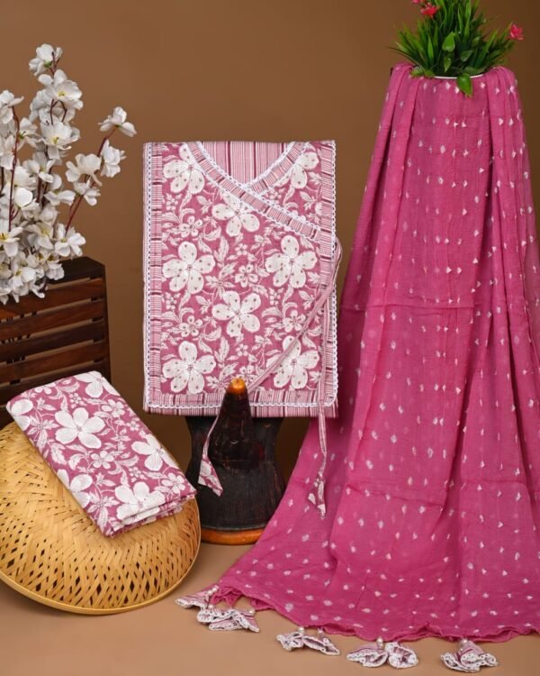 Pink and white flower pattern gota pati cotton dress material