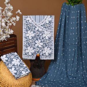 Gray and white flower pattern gota pati cotton dress material