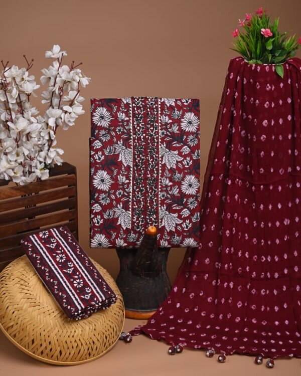 Maroon and white gota pati cotton dress material