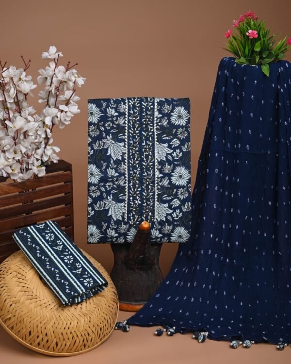 Blue flower pattern gota pati cotton dress material