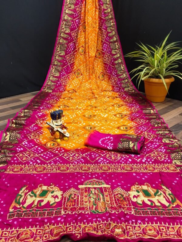 Orange and pink bandhini art silk saree