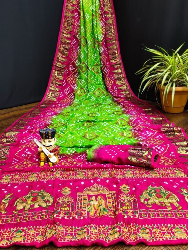 Neon and pink bandhini art silk saree