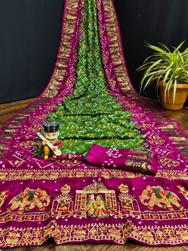 Green and magenta bandhini art silk saree