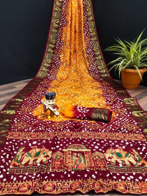 Orange and maroon bandhini art silk saree