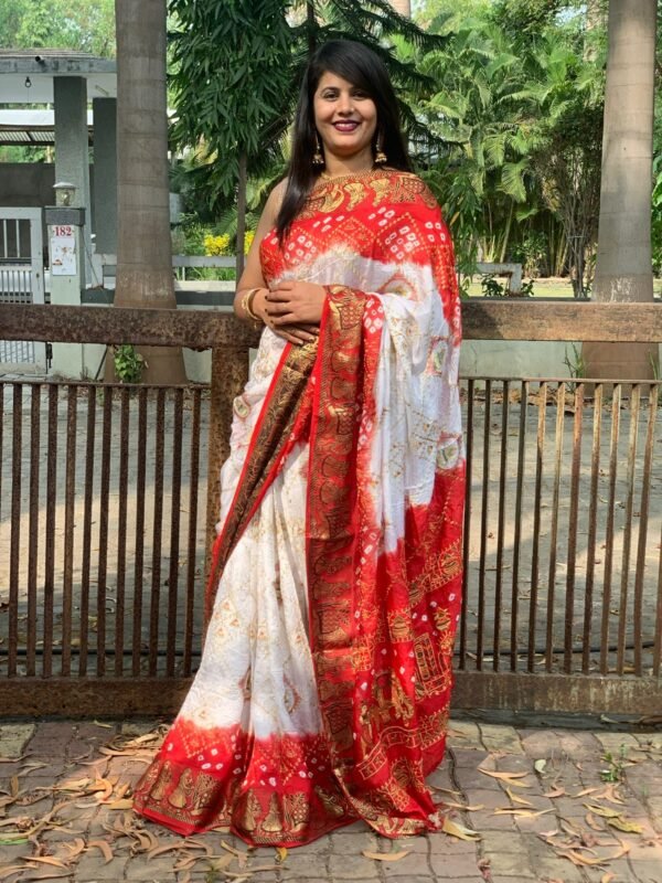 White and red bandhini art silk saree