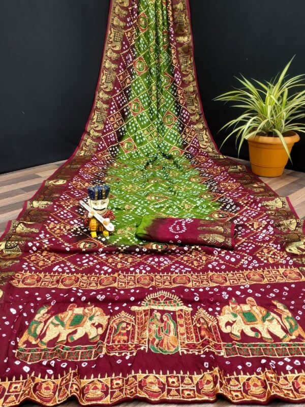 Green and maroon bandhini art silk saree