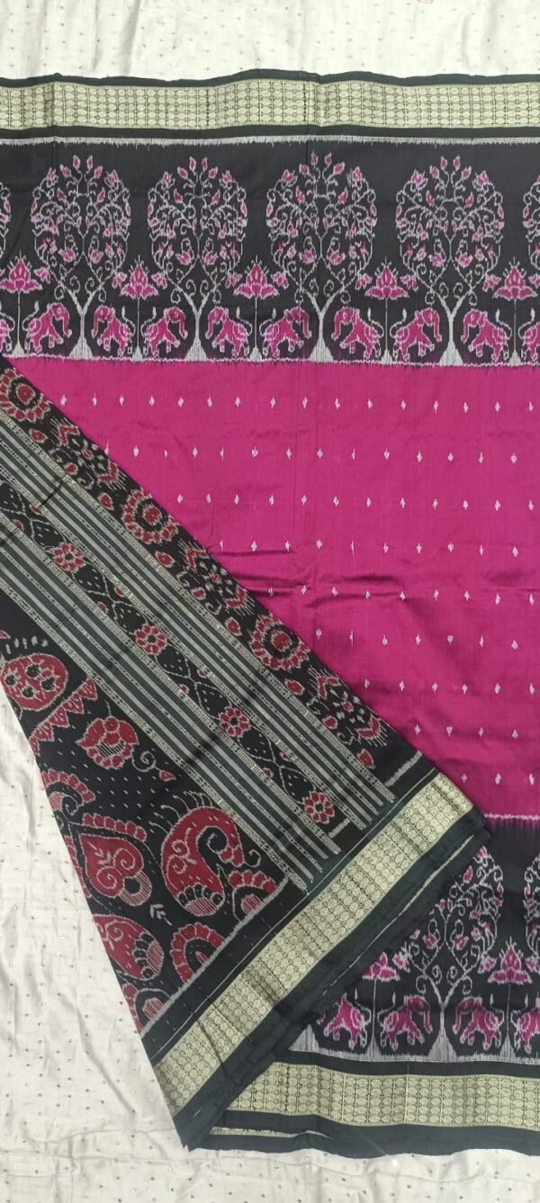 Pink and black sambalpuri silk saree with elephant art - Image 4