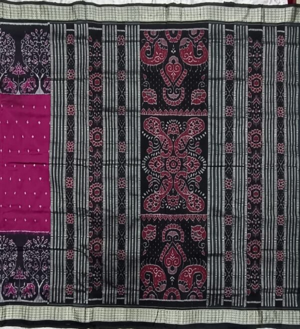 Pink and black sambalpuri silk saree with elephant art - Image 2