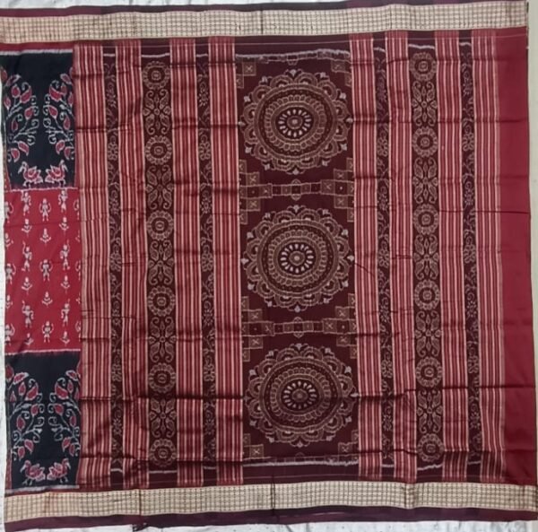 Red and black sambalpuri silk saree with tribal art - Image 3