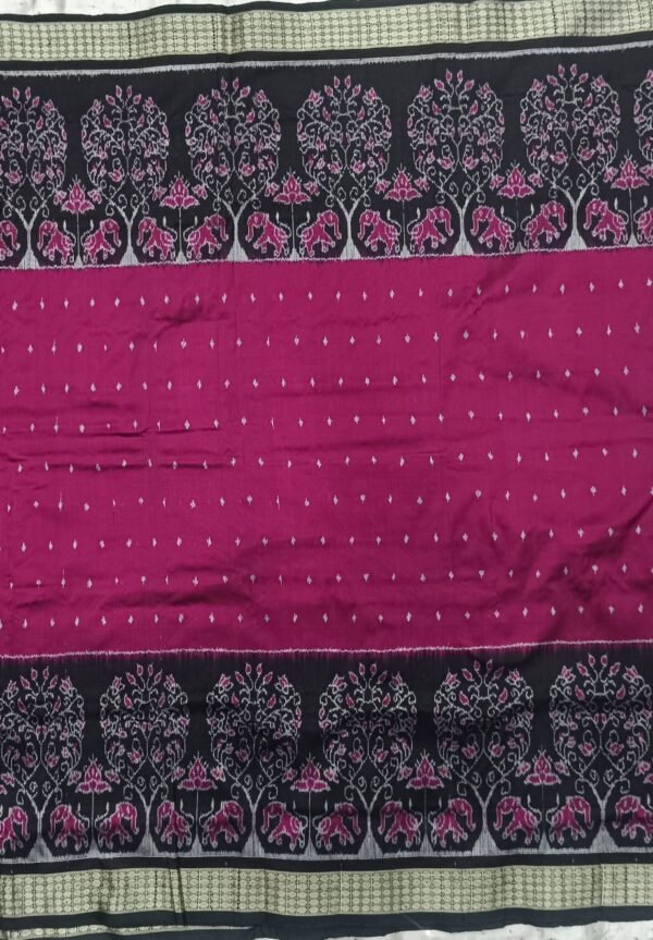 Pink and black sambalpuri silk saree with elephant art - Image 3