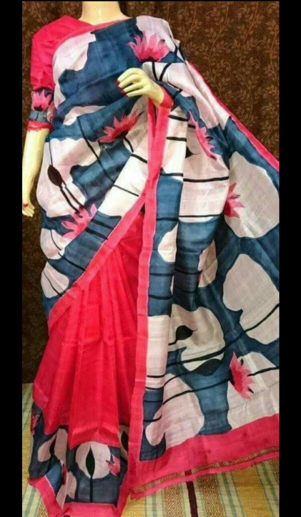 Pink lotus flower pattern hand printed silk saree with blouse