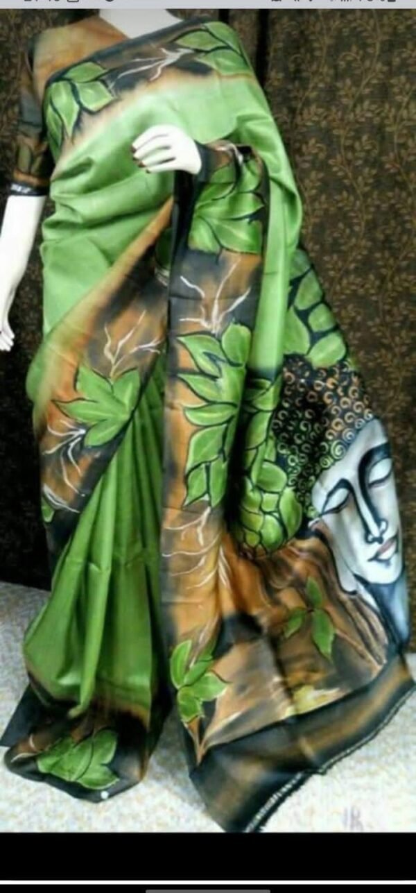 Green traditional art hand printed silk saree with blouse