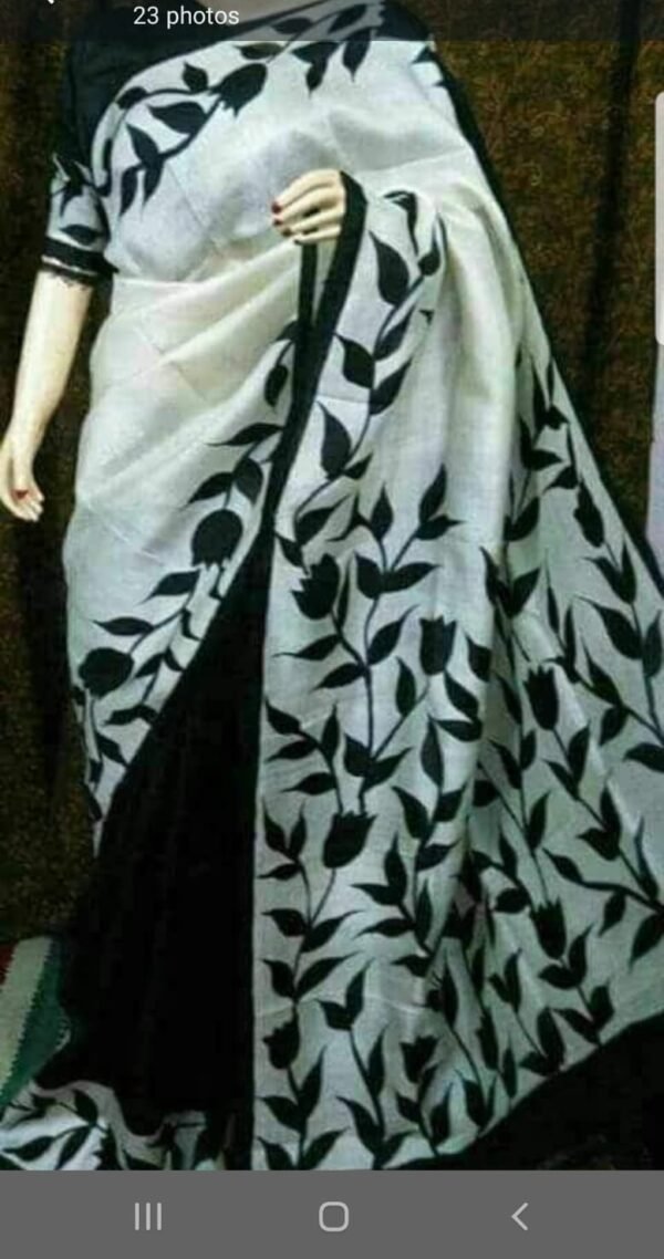 Black and white flower pattern hand painted silk saree with blouse