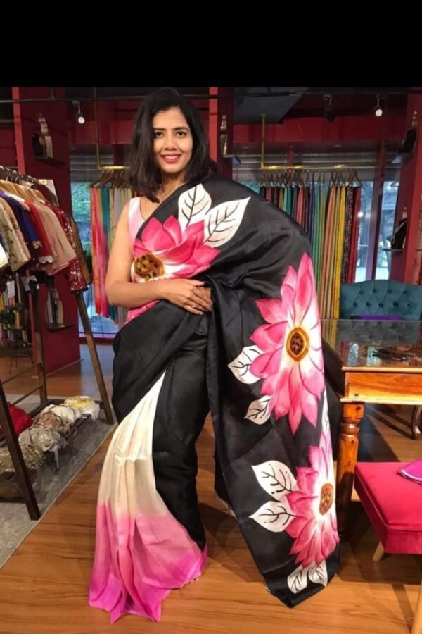 White and black flower pattern hand printed silk saree with blouse