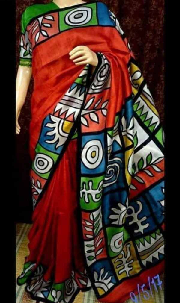 Red flower pattern silk saree with blouse