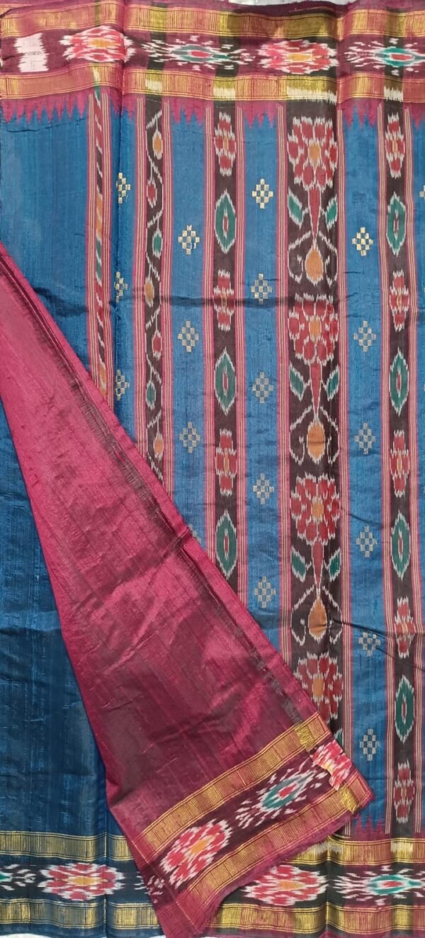 Blue and maroon pure dupion silk saree with blouse - Image 3