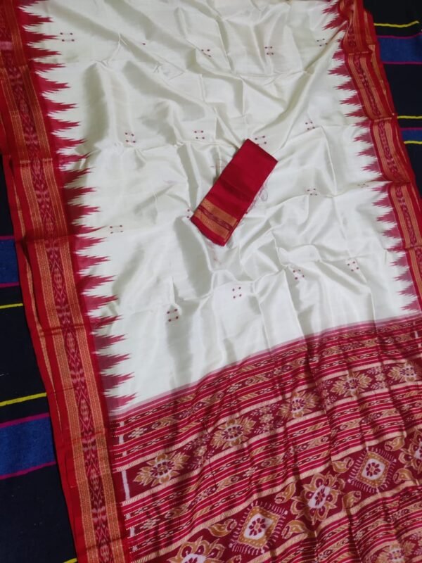 White and red khandua silk saree with blouse