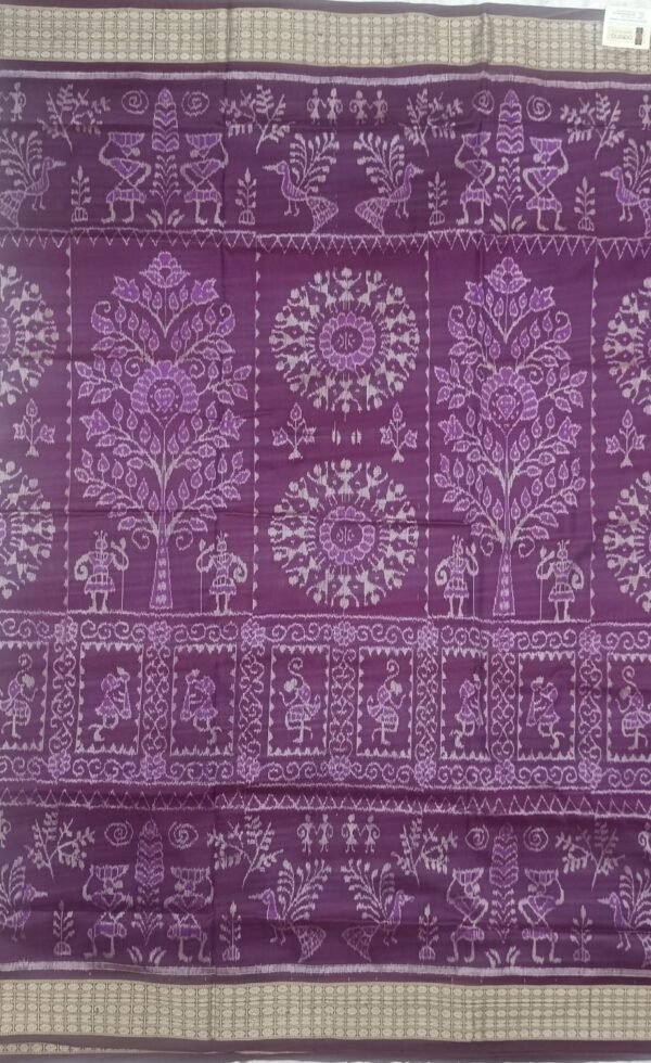 Magenta and coffee sambalpuri silk saree with tribal art - Image 2