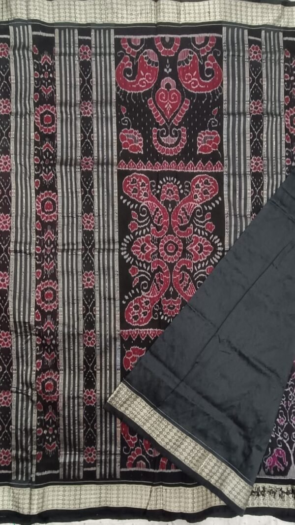 Pink and black sambalpuri silk saree with elephant art - Image 5