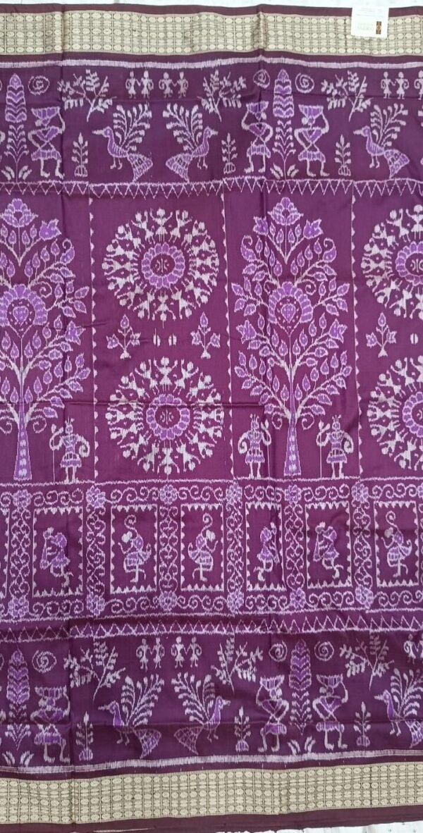 Magenta and coffee sambalpuri silk saree with tribal art