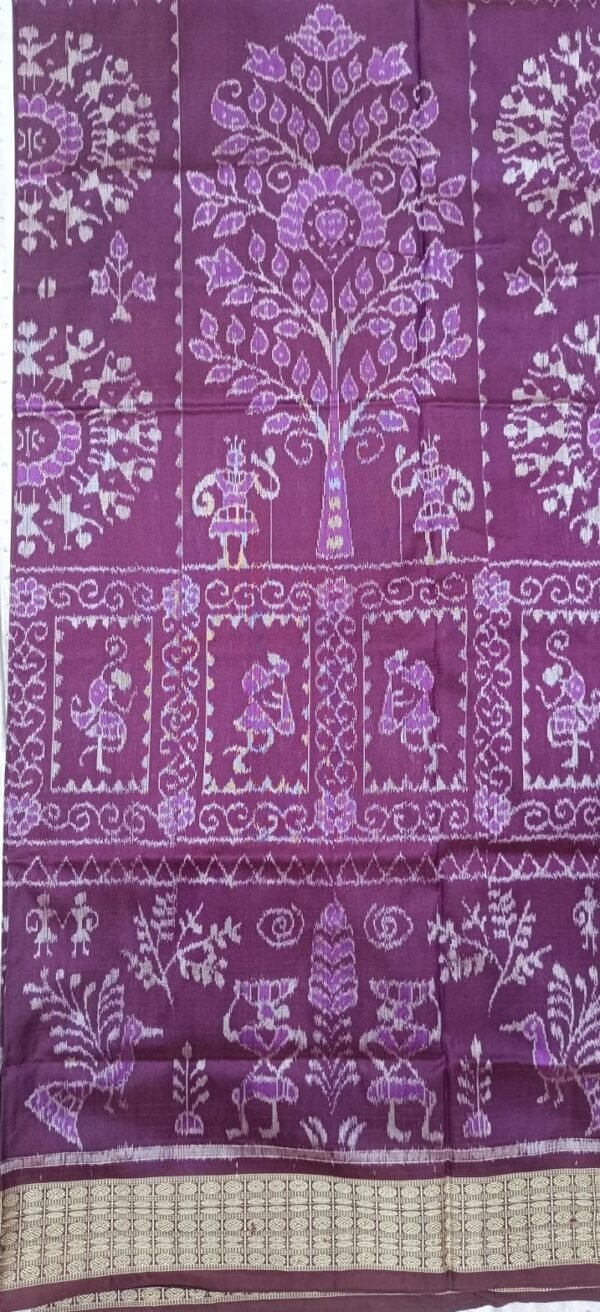 Magenta and coffee sambalpuri silk saree with tribal art - Image 3