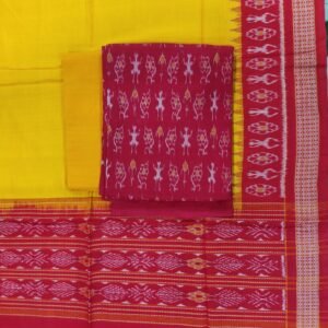 Red and yellow tribal pattern cotton dress material with matching dupatta