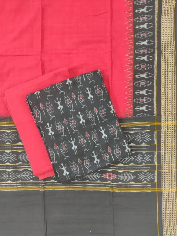 Black and red tribal pattern cotton dress material with matching dupatta