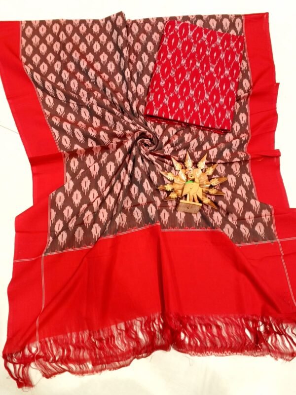 Red and brown double ikkat mercerised dress material