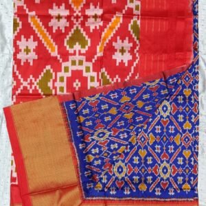 Blue and red double ikkat pattu silk saree with zari border and anchal