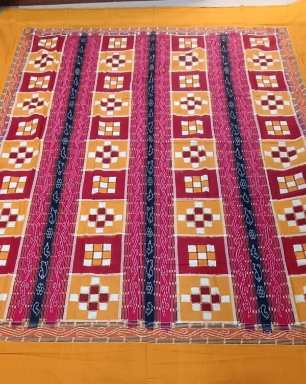 Sambalpuri cotton saptapar double bedsheet in yellow and red - Image 3