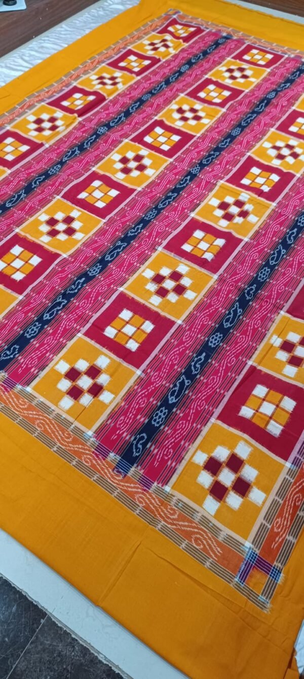 Sambalpuri cotton saptapar double bedsheet in yellow and red