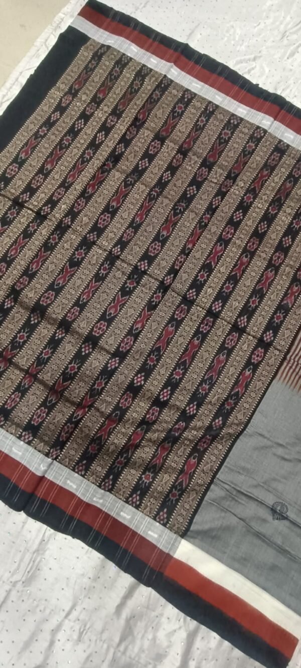 Gray and black bomkai sambalpuri cotton saree - Image 4