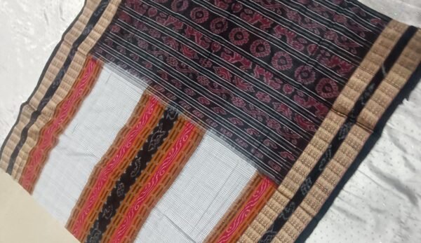 White and black sachipar sambalpuri cotton saree with fish border