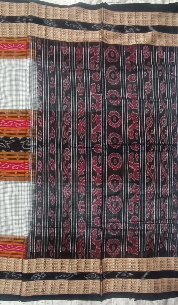 White and black sachipar sambalpuri cotton saree with fish border - Image 2