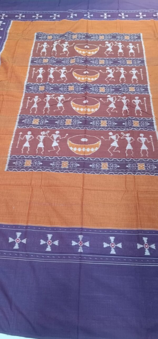 Sambalpuri cotton double bedsheet in brown and purple with drums - Image 4