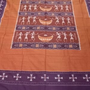 Sambalpuri cotton double bedsheet in brown and purple with drums