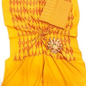 Yellow and brown double ikkat mercerised dress material