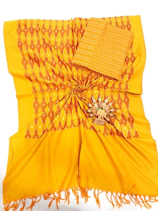 Yellow and brown double ikkat mercerised dress material