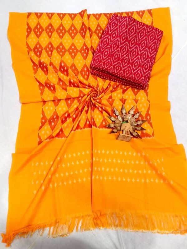Red and yellow double ikkat mercerised dress material