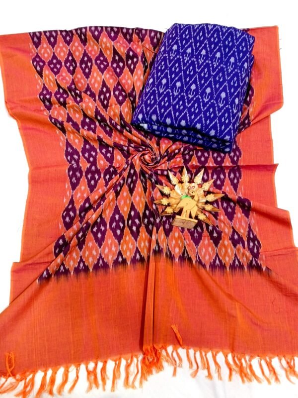 Blue and orange double ikkat mercerised dress material