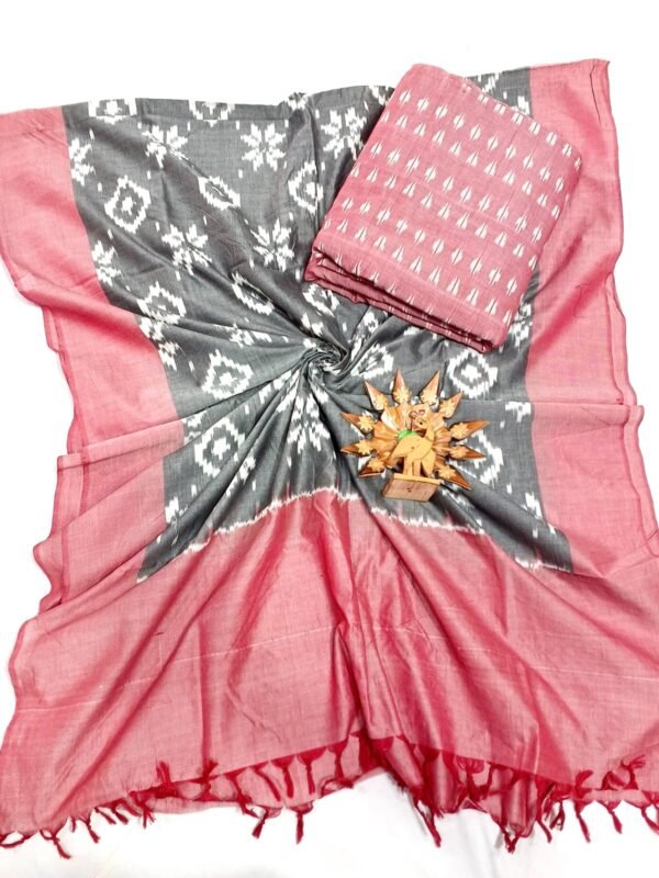 Pink and gray double ikkat mercerised dress material