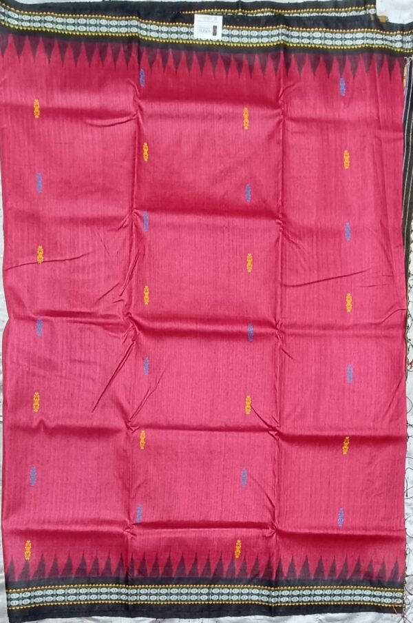Red and black motif pure tussar silk saree with blouse - Image 3