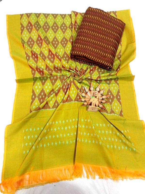 Maroon and light green double ikkat mercerised dress material