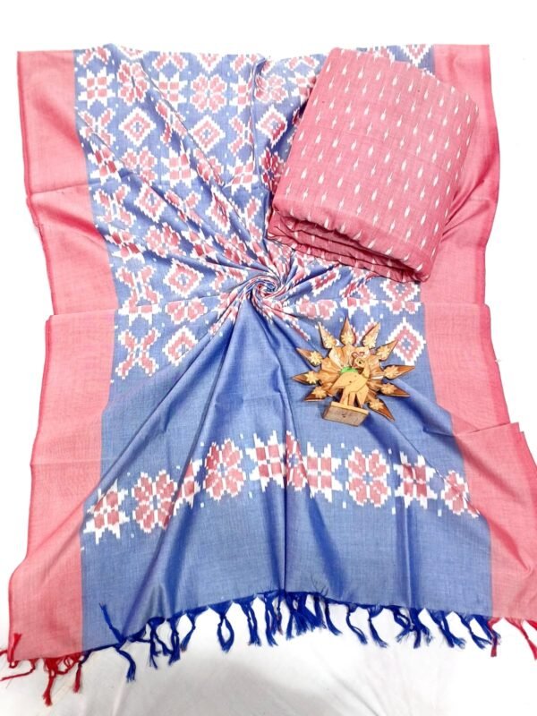 Pink and blue double ikkat mercerised dress material