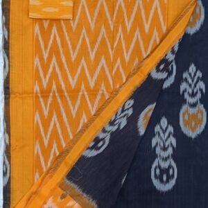Black ikkat mercerised cotton saree with yellow border