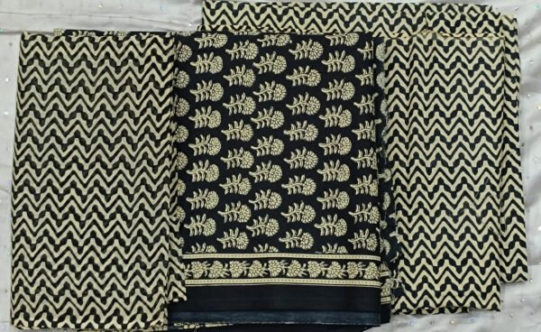 Black hand block print dress material